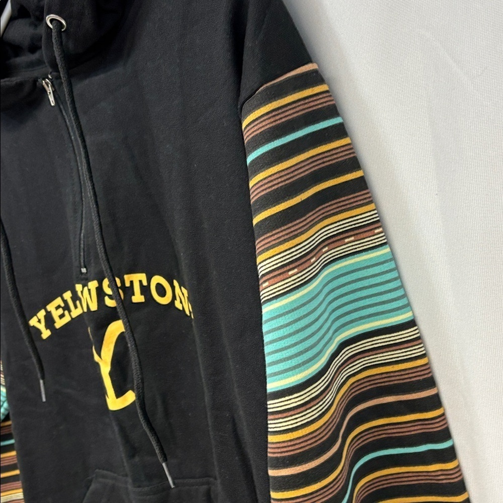 Yellowstone Black mid zip up Hoodie with Striped long Sleeves small - Picture 4 of 11